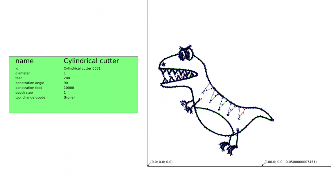 The G-code generation is done! Notice the arrows along the dino.