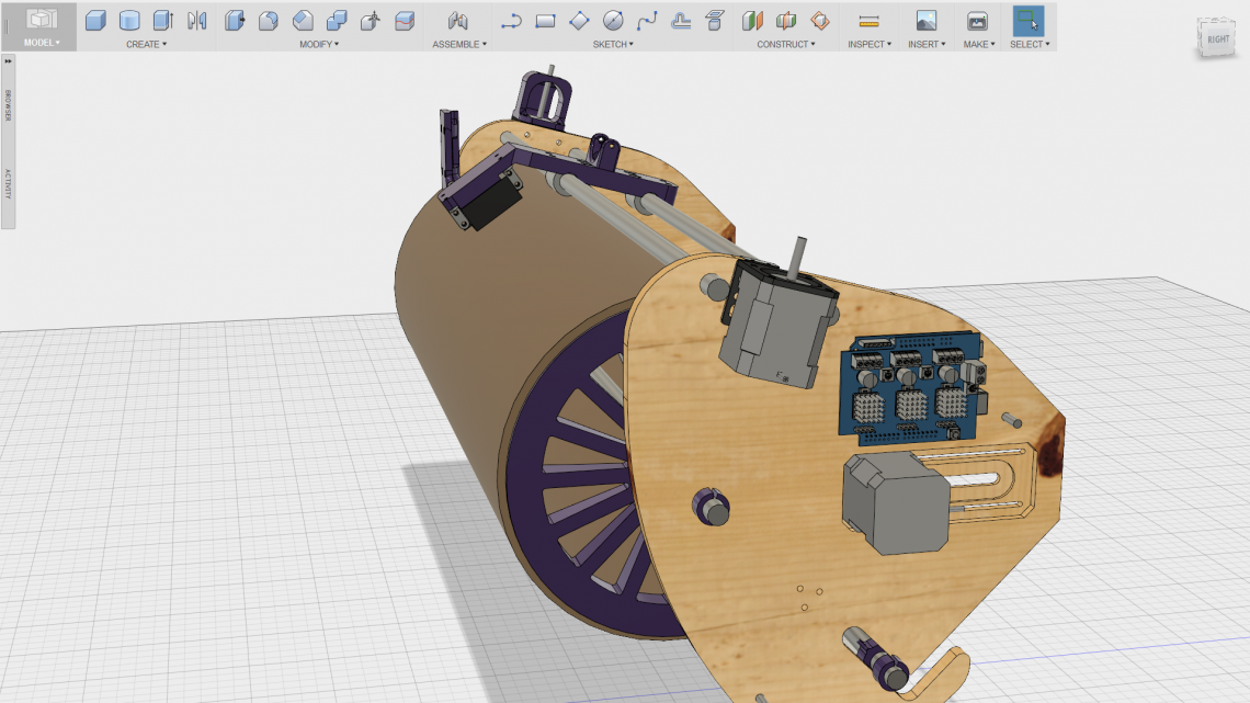 A good mix of custom designed parts for both 3D-printing (purple) and CNC milling (wood) as well as 3rd party models such as the motors and the PCB