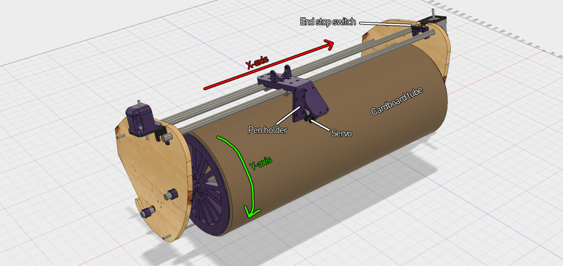 A CAD screenshot of the front of the machine. The purple parts are all 3D-printed.