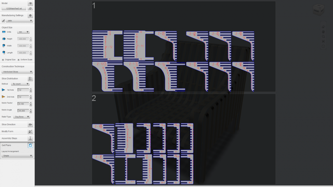 The automatically generated 2D layout. This particular job requires two sheets of plywood (the sheet size is of course manually entered).