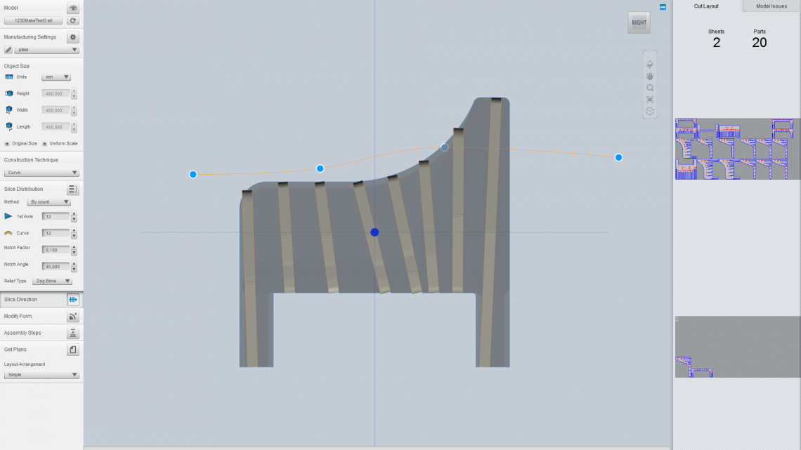 With the Curve technique, the angle of the sheets along one axis corresponds to the orange line.