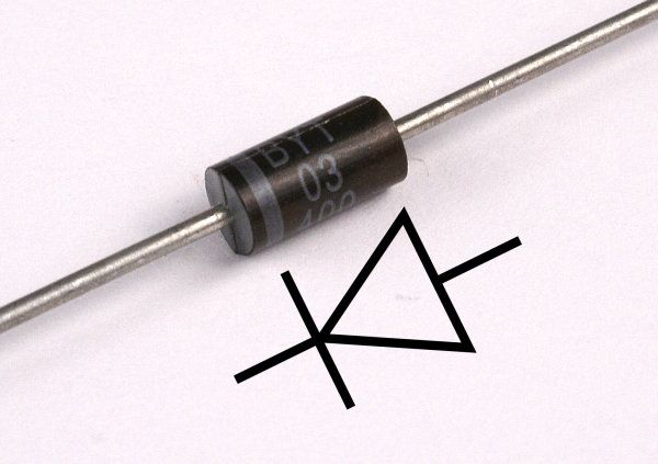A standard diode together with its corresponding symbol. Notice the grey line on the diode. The common convention is where current isn't allowed in on the side with that grey line.