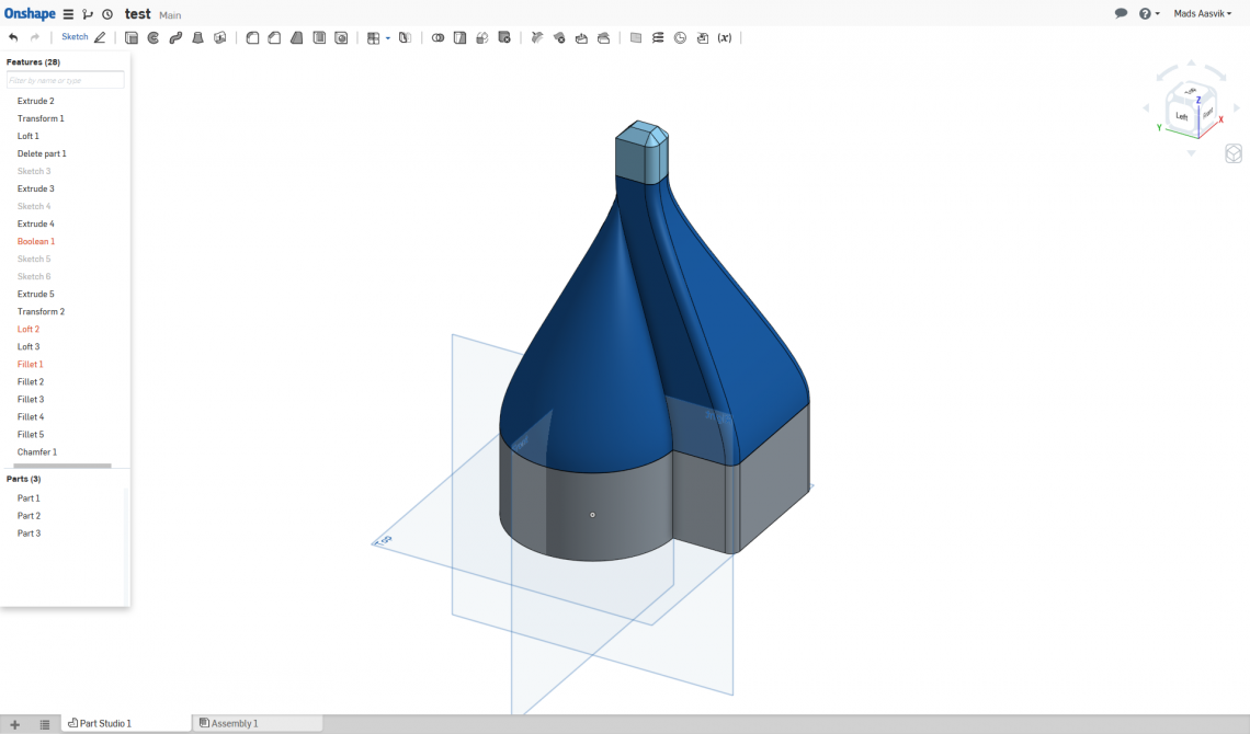 Onshape's main editor window. Testing the Loft tool.