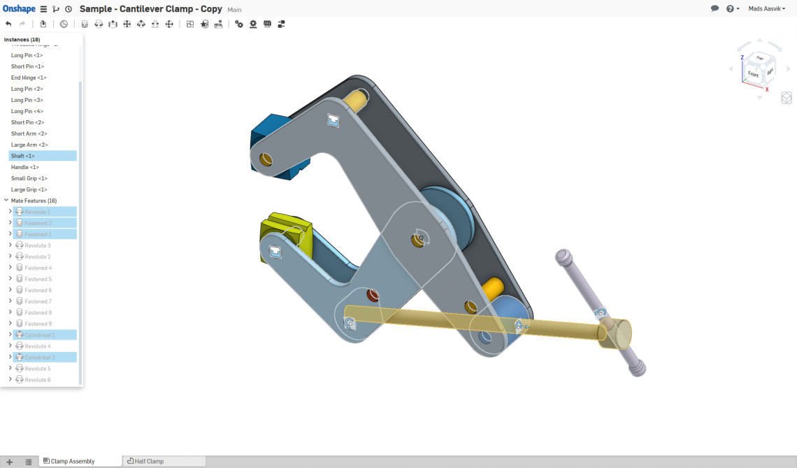 Testing motion study with a sample model of a cantilever clamp.