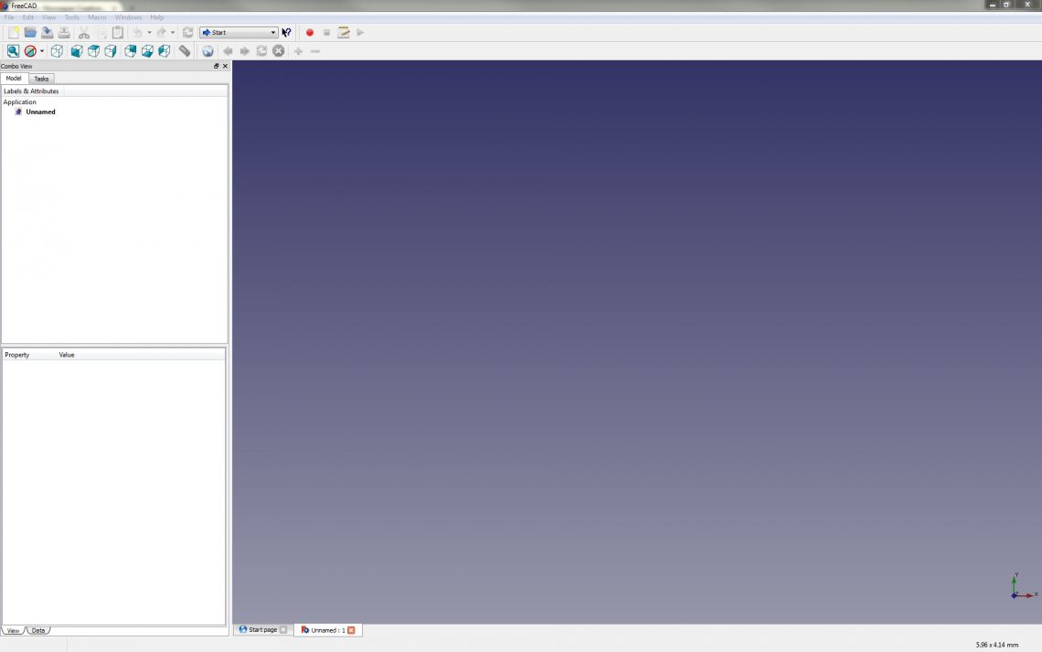 The default screen when creating a new file in FreeCAD