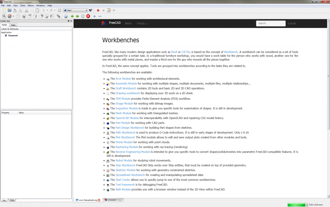 Overview of the different workbenches in FreeCAD using the built-in browser.