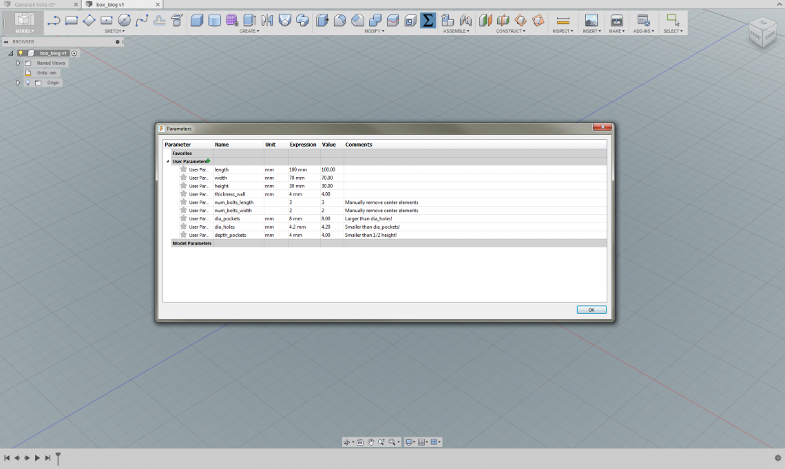 The Change Parameters box with the parameters we need