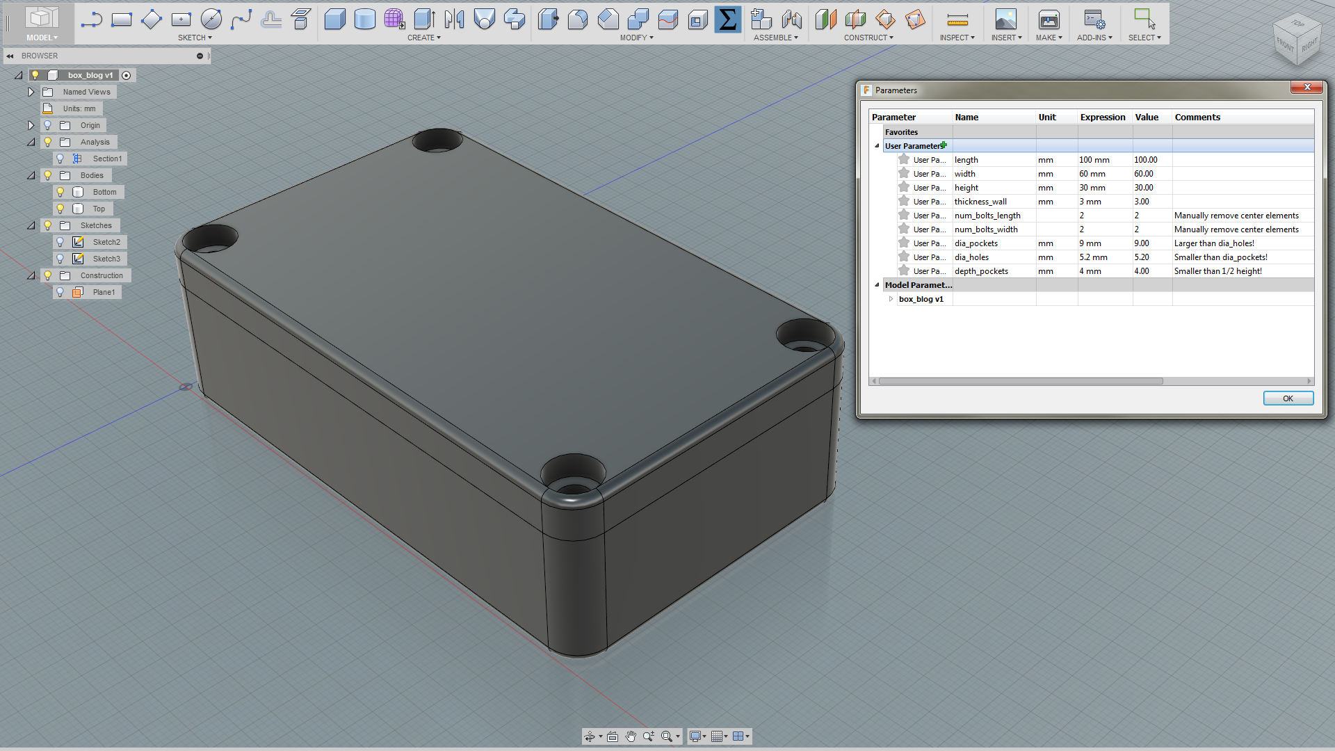 parametric modelling in autodesk fusion 360 – making a box