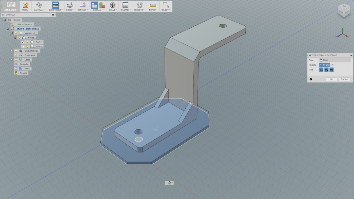 Here we set a fixed structural constraint on the bottom face of the base plate.