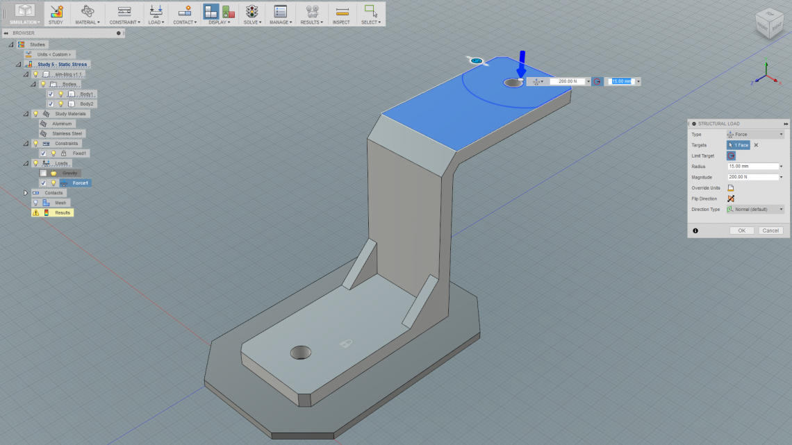 Here we apply a 15 mm radius 200 N force normal on the top face of the bracket.