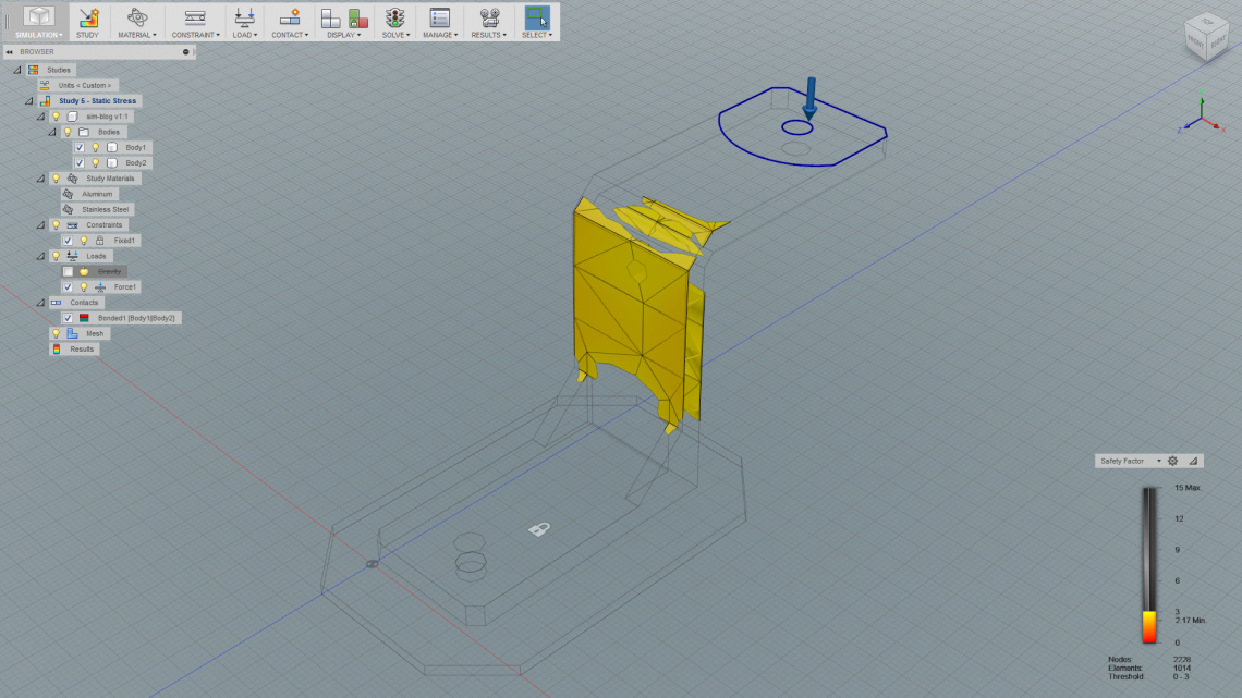 Here we have isolated the parts of the assembly that have a safety factor of 0-3. We have also changed the deformation scale to actual.