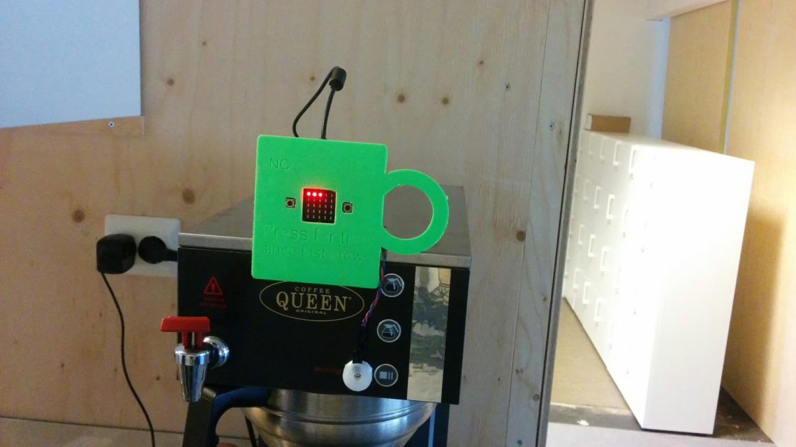 The first prototype mounted on the coffee maker